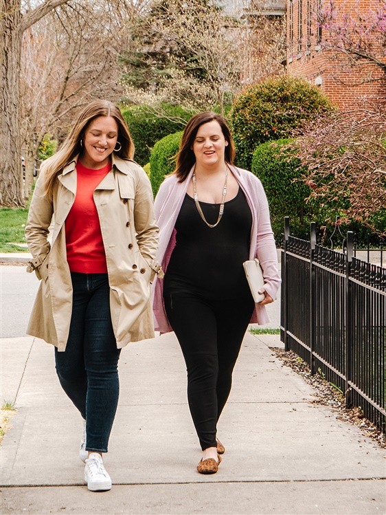 Melissa Blackburn and Danielle Lim walking to lunch near Schiller Park