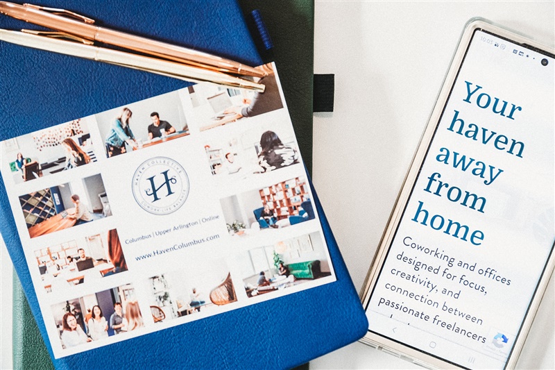 Haven Collective flyer and website open on a smartphone.